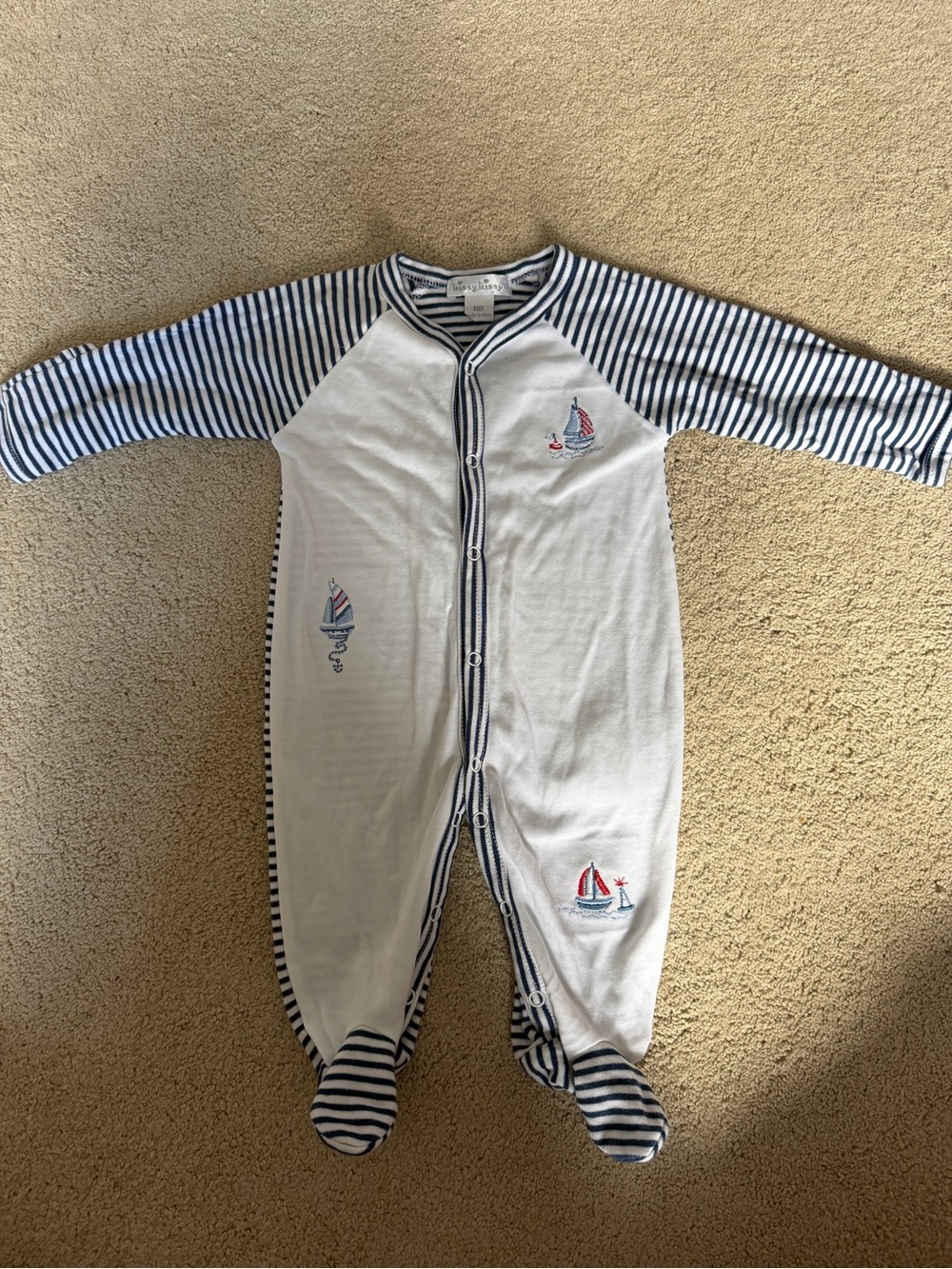 Kissy Kissy White One-Piece Footie with Navy Stripes and Sailboat Embroidery